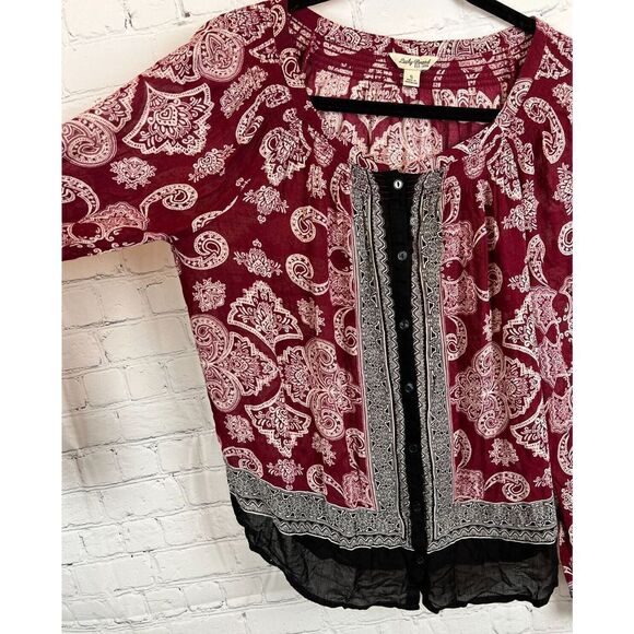 LUCKY BRAND red white black rayon button down blouse top shirt size S - Picture 3 of 7